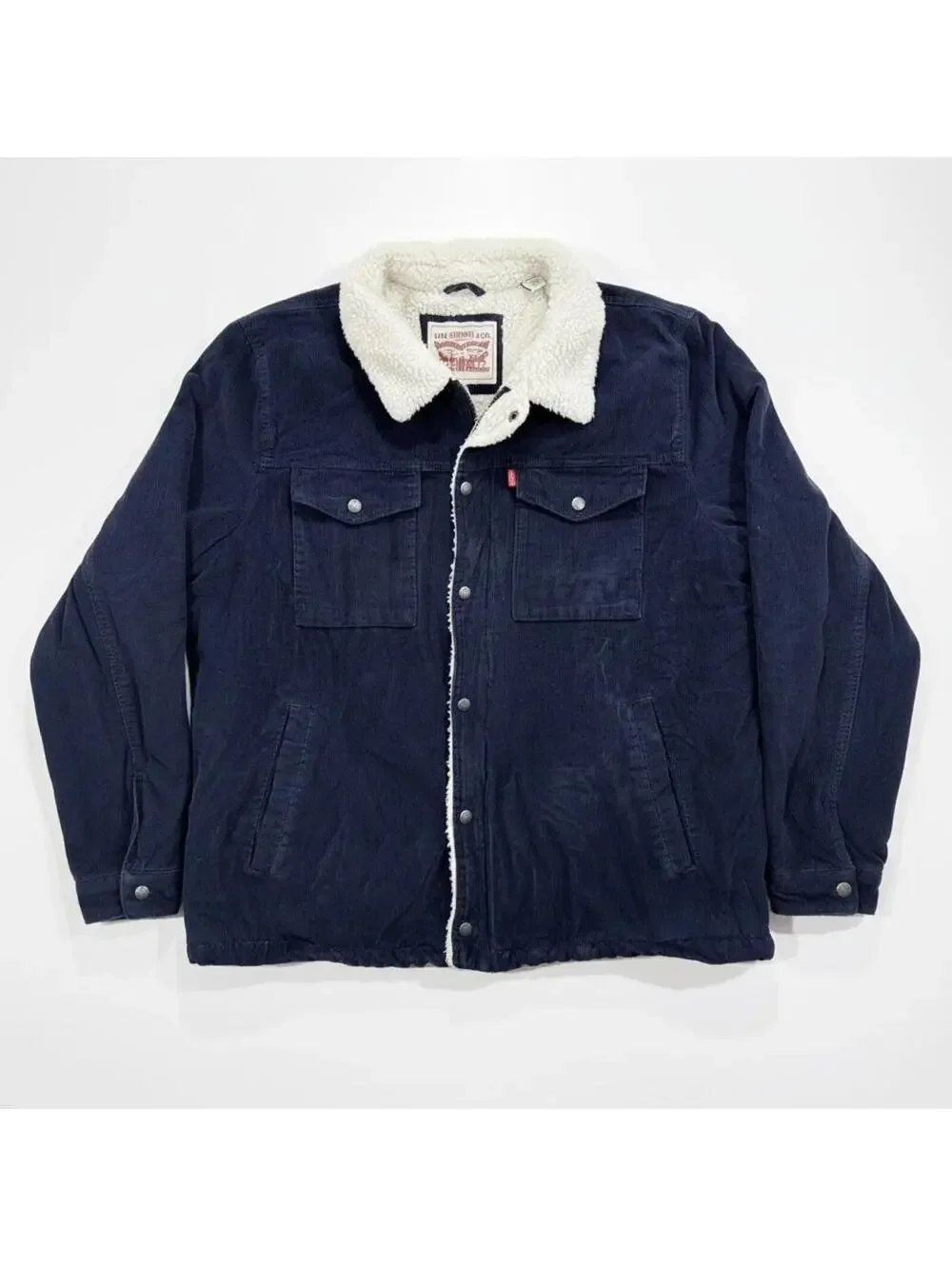 Levi’s Sherpa Trucker Jacket Mens XL Navy Corduroy Fleece Lined Snap Zip